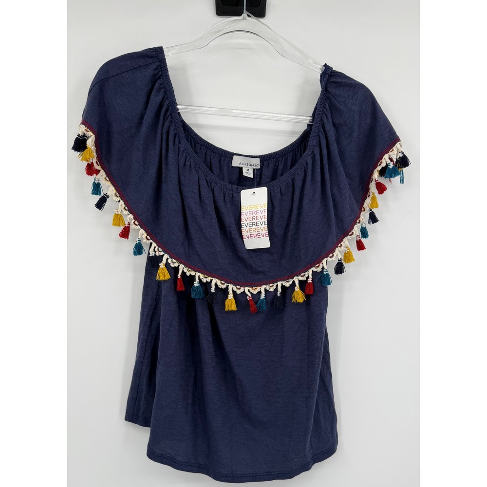 Allison Joy Pauli Tassel Off Shoulder Top Navy Blue Cotton Modal Womens Medium